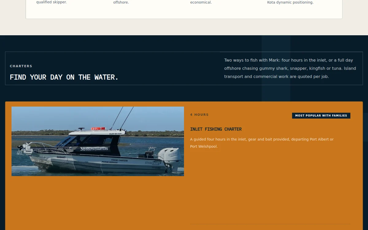 Fishing charters & marine services content and interface detail