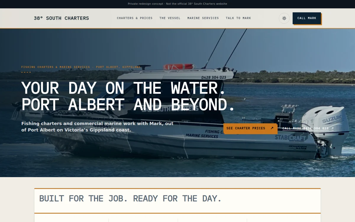 Desktop design proposal for 38° South Charters