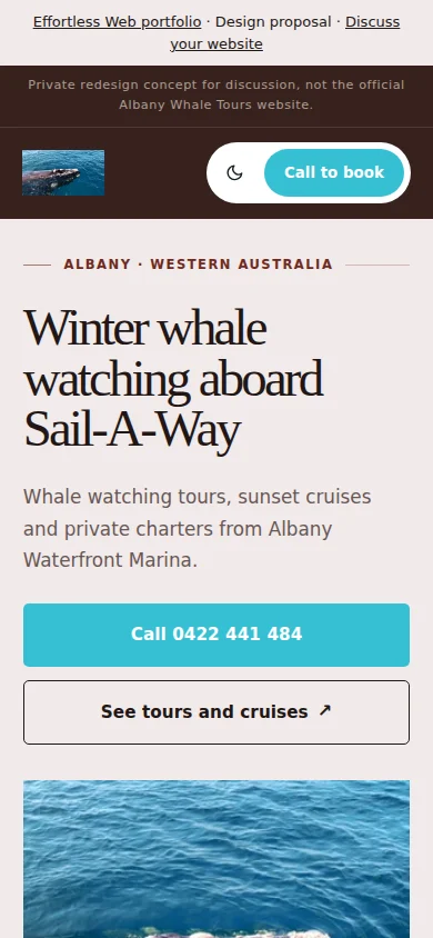 Whale watching in Albany website design on a mobile screen