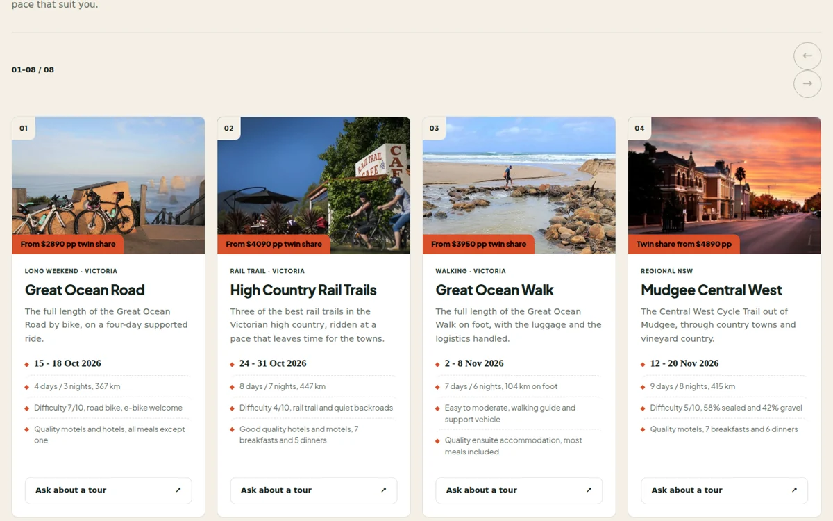 Guided cycling & walking holidays content and interface detail