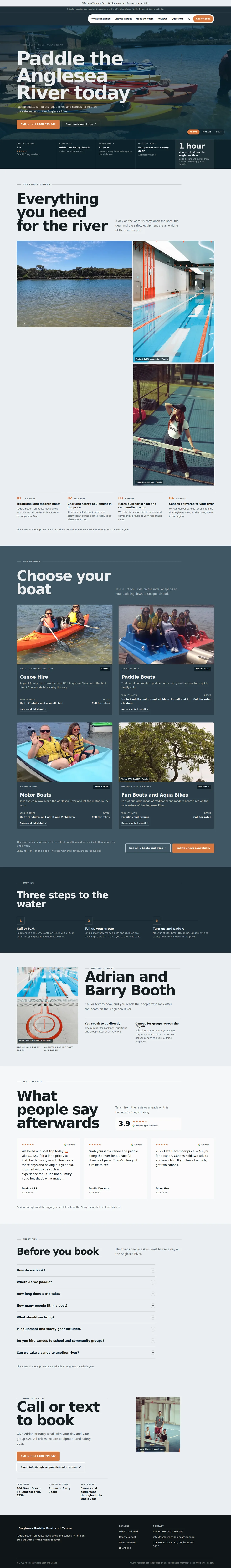 Paddle boat & canoe hire in Anglesea — our design, complete page