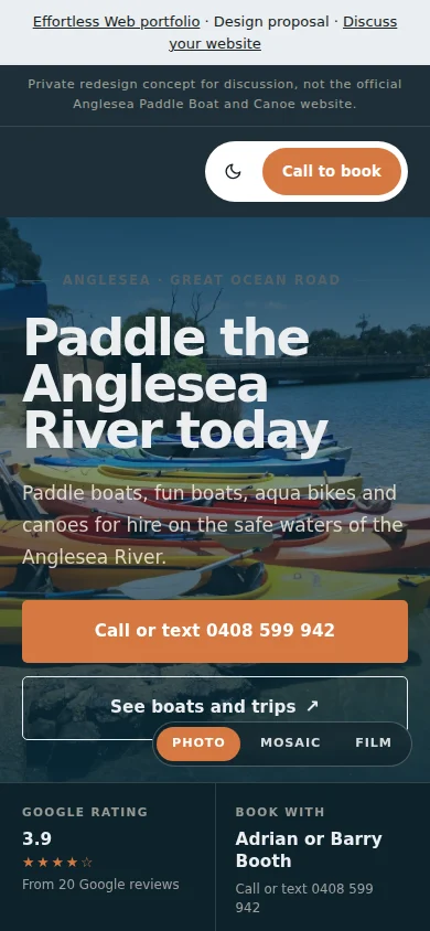 Mobile design proposal for Paddle boat & canoe hire in Anglesea, showing the responsive navigation and introduction