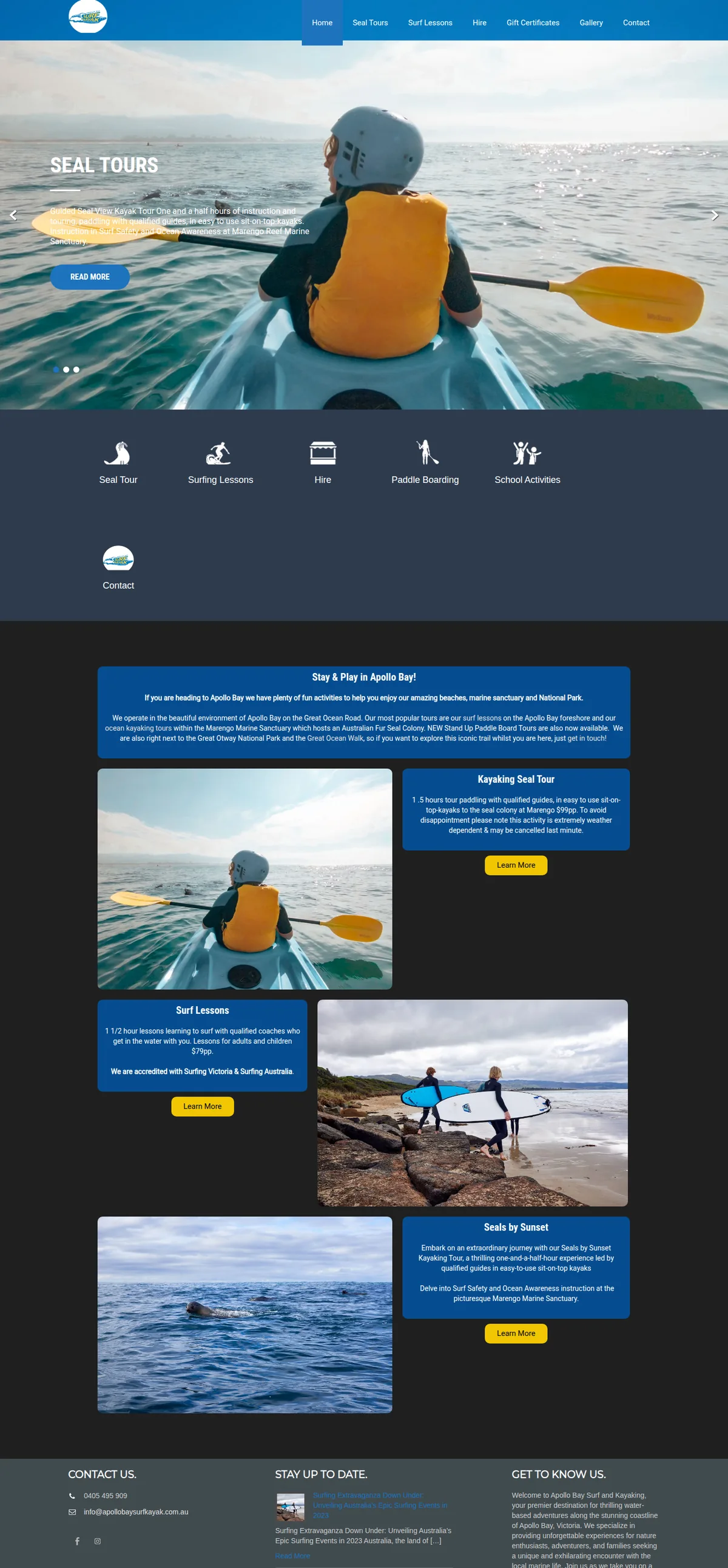 Surf lessons & kayaking in Apollo Bay — their website design, full-page capture