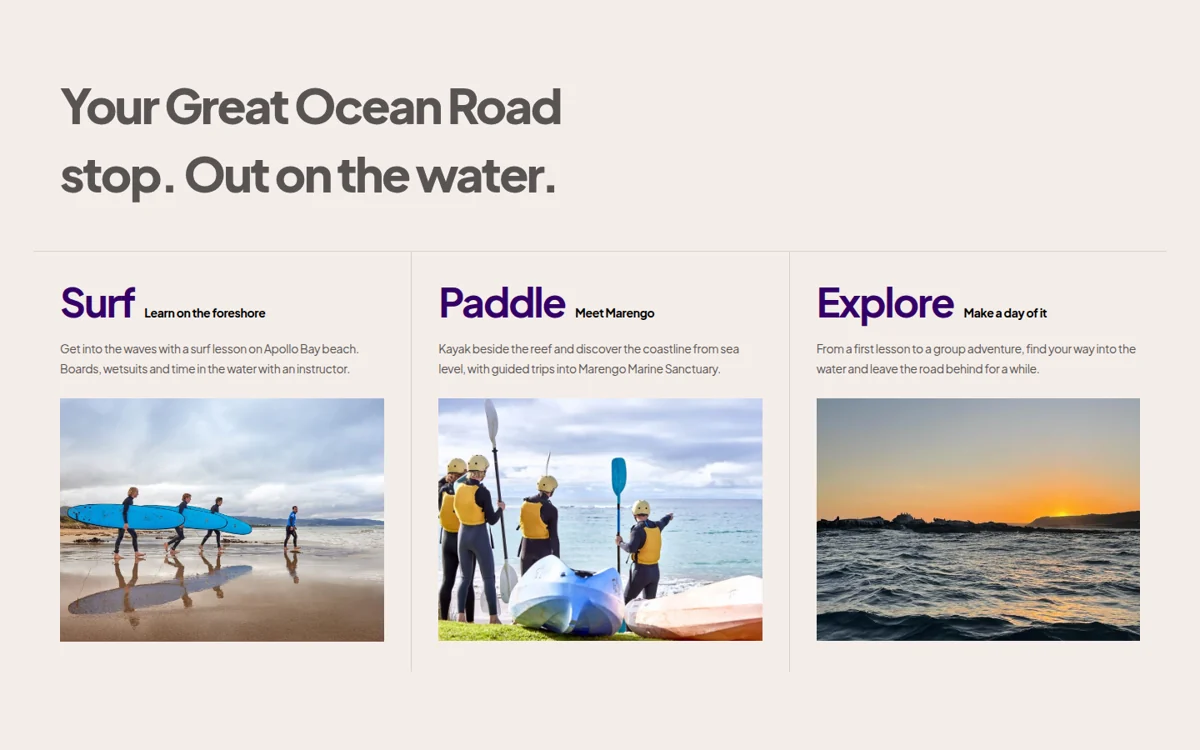 Surf lessons & kayaking in Apollo Bay content and interface detail