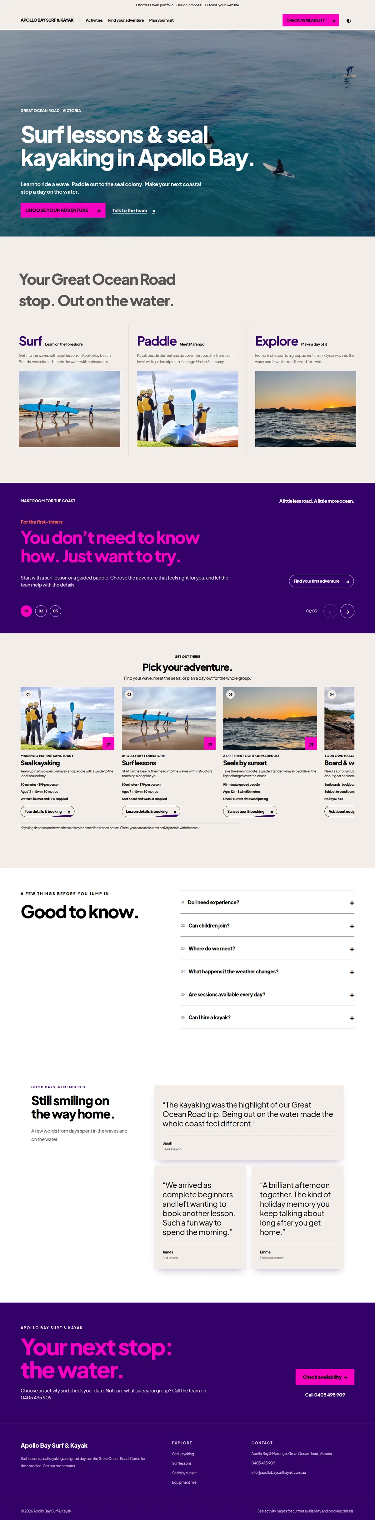 Surf lessons & kayaking in Apollo Bay — our design, complete page