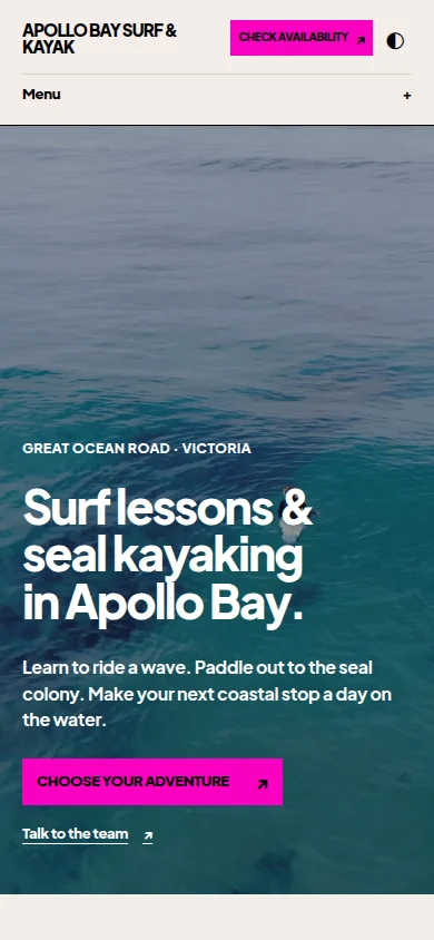 Surf lessons & kayaking in Apollo Bay website design on a mobile screen