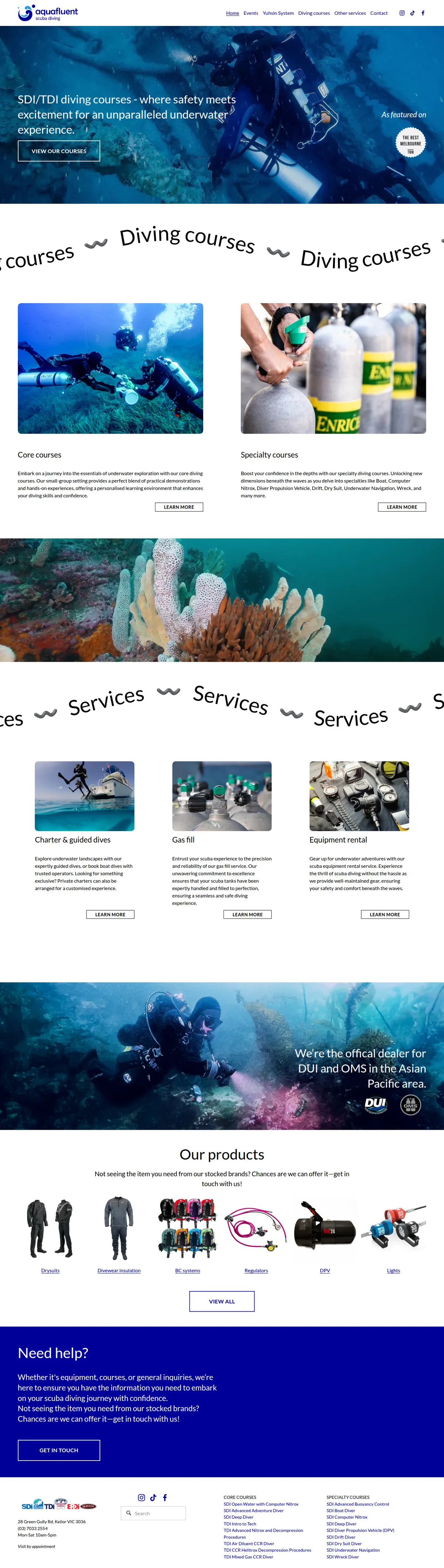 A scuba diving school — their website design, full-page capture