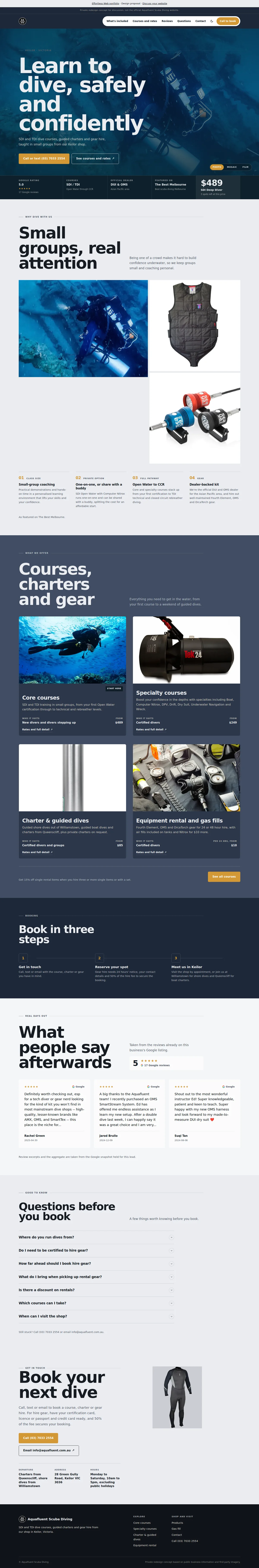 A scuba diving school — our design, complete page