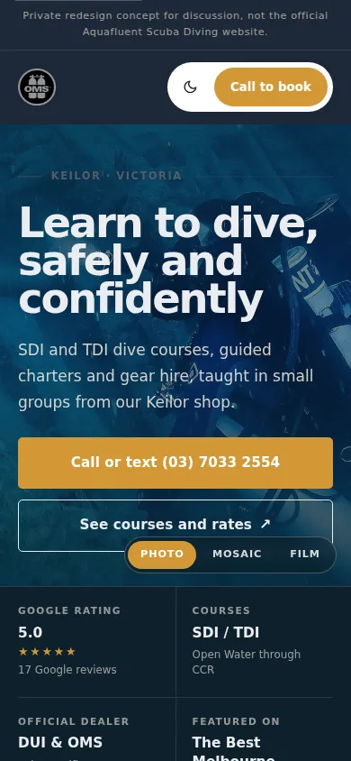 Mobile design proposal for A scuba diving school, showing the responsive navigation and introduction