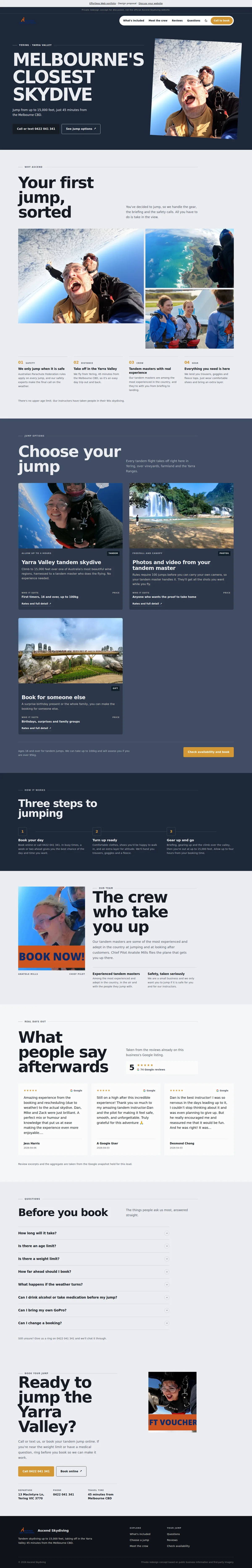 Skydiving in the Yarra Valley — our design, complete page