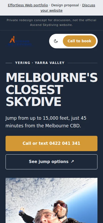 Skydiving in the Yarra Valley website design on a mobile screen