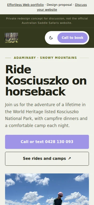 Horseback adventures in the high country website design on a mobile screen