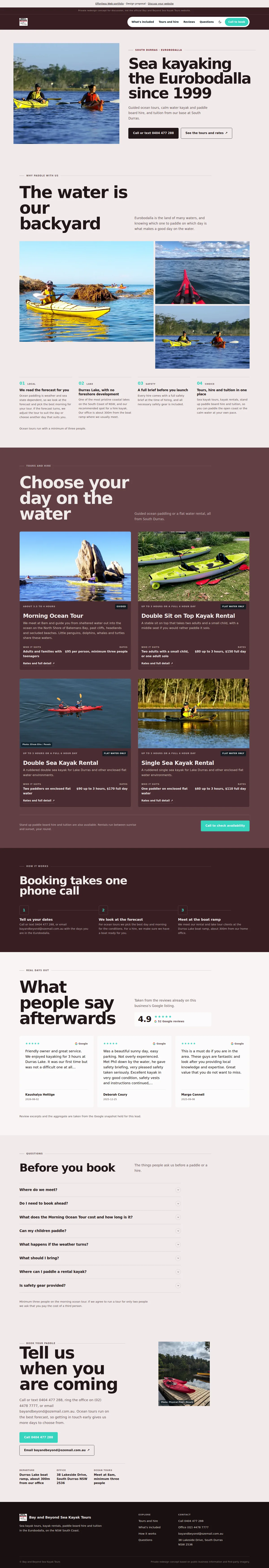 Guided sea kayaking on the South Coast — our design, complete page