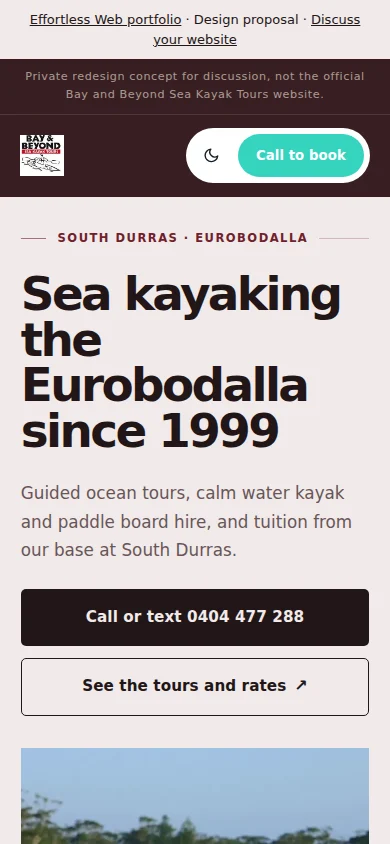 Guided sea kayaking on the South Coast website design on a mobile screen