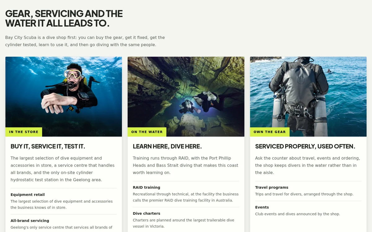 A dive centre in Geelong content and interface detail