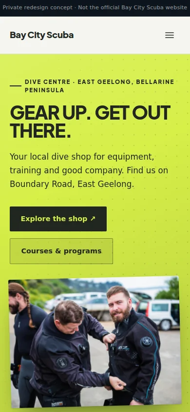 A dive centre in Geelong website design on a mobile screen