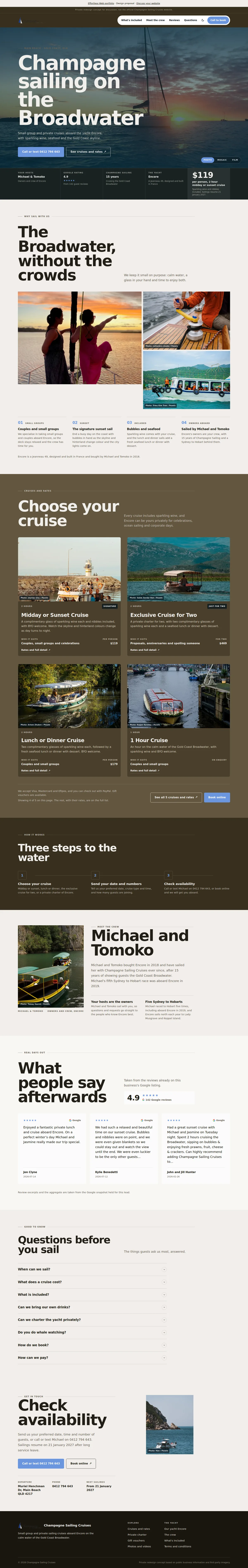 Sailing cruises on the Gold Coast — our design, complete page