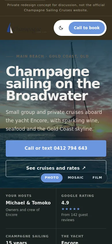 Mobile design proposal for Sailing cruises on the Gold Coast, showing the responsive navigation and introduction