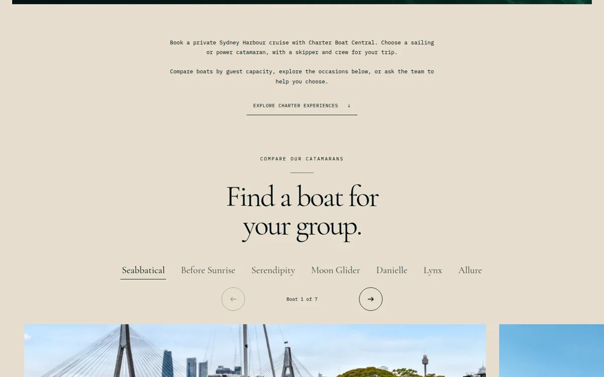 Private charters on Sydney Harbour content and interface detail