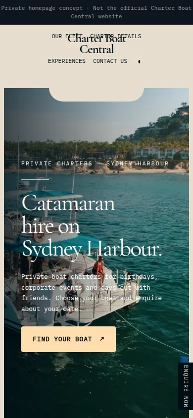 Private charters on Sydney Harbour website design on a mobile screen