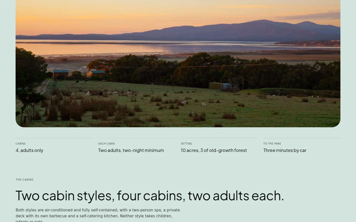 Private cabins near Wilsons Prom content and interface detail