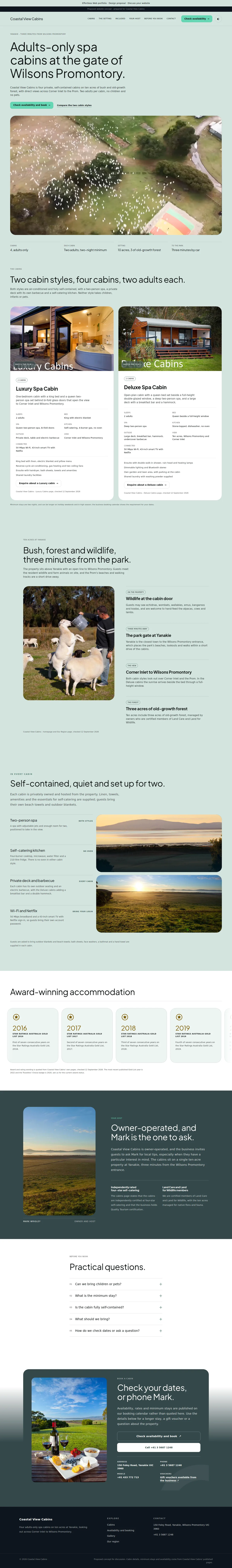 Private cabins near Wilsons Prom — our design, complete page