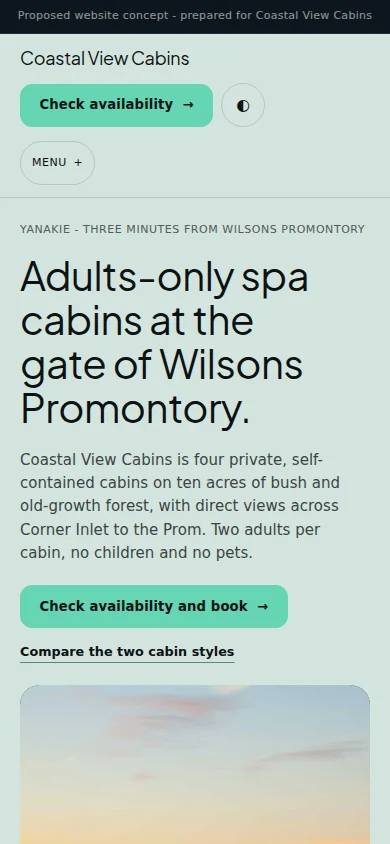 Private cabins near Wilsons Prom website design on a mobile screen
