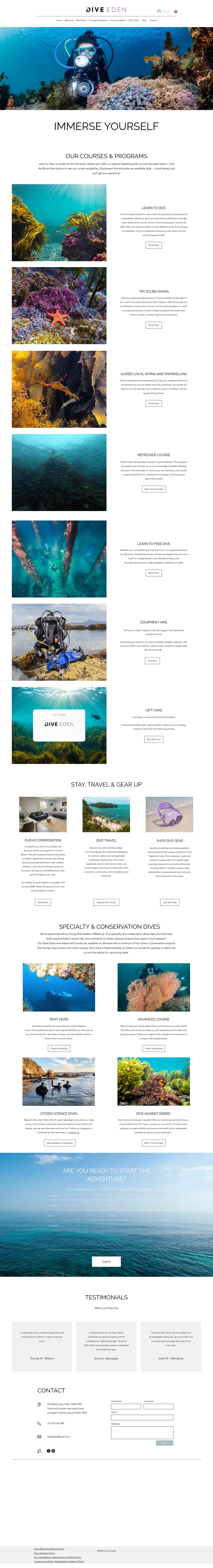 A dive school in Eden — their website design, full-page capture