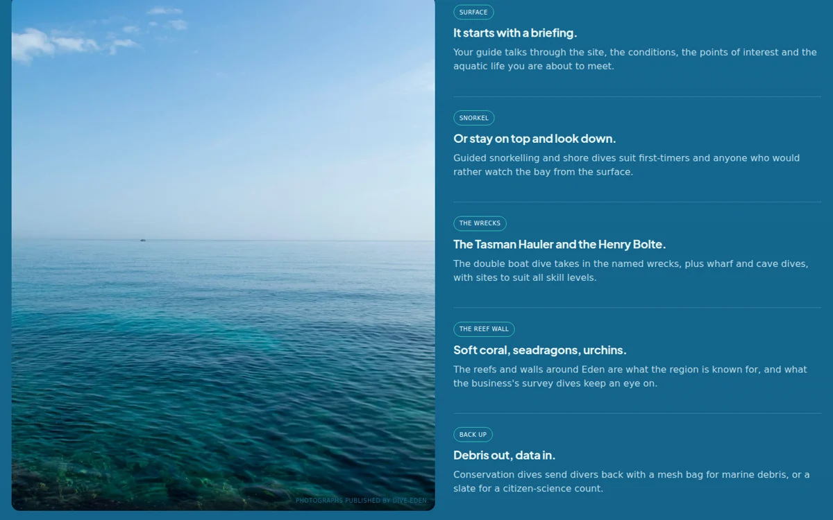 A dive school in Eden content and interface detail