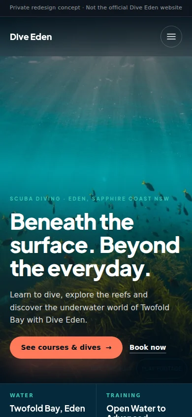 A dive school in Eden website design on a mobile screen