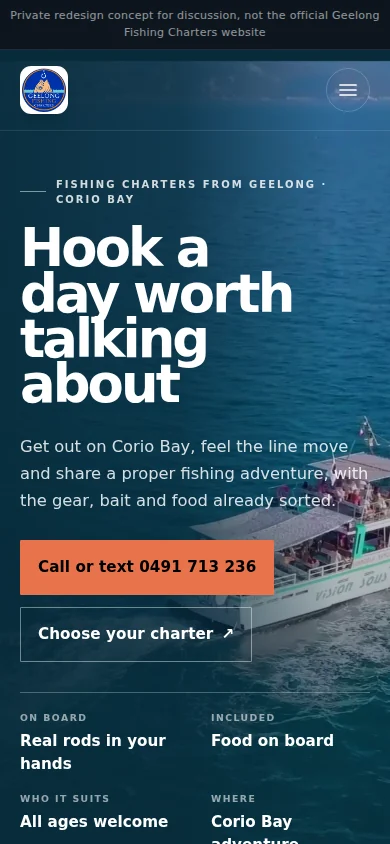 Family fishing trips in Geelong website design on a mobile screen