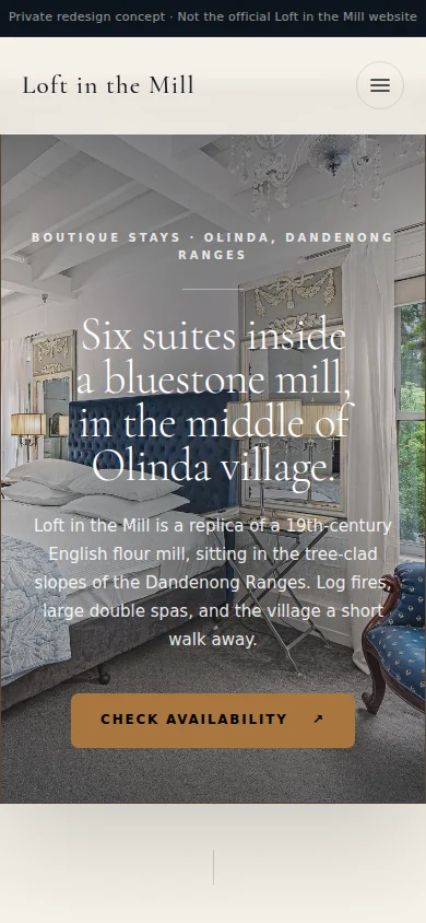 A boutique stay in Olinda website design on a mobile screen