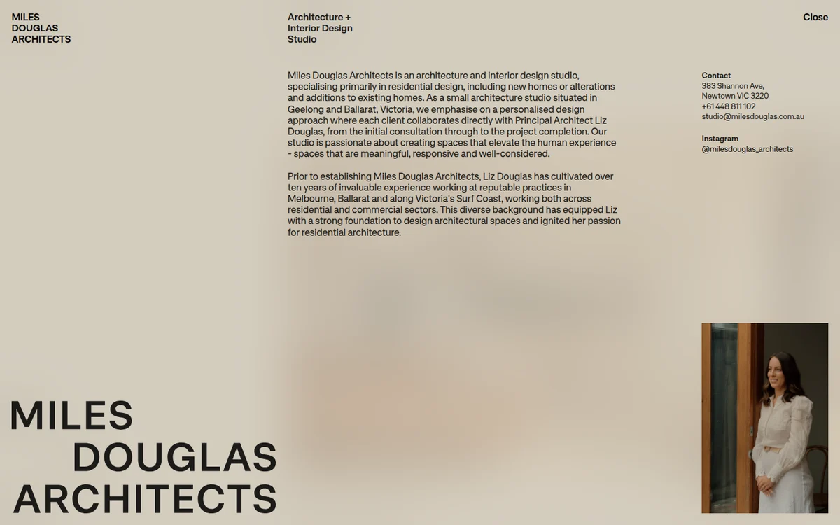 Original About view with architect biography, address, phone and email