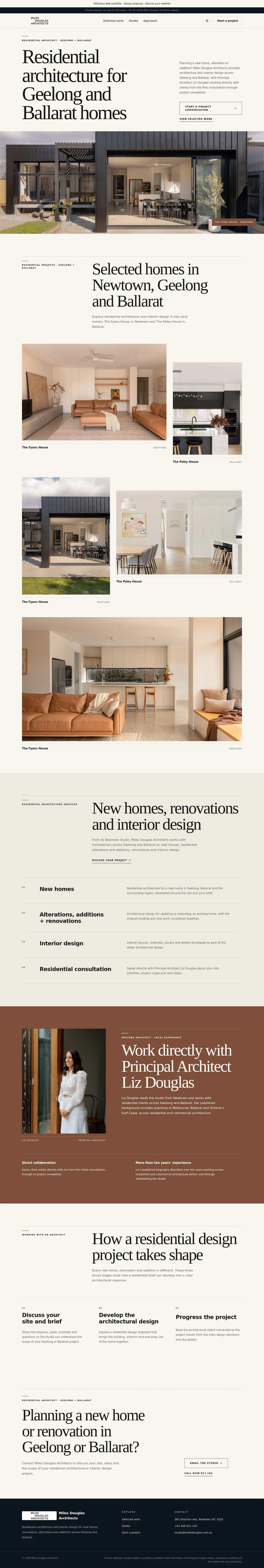Complete proposed architecture homepage: residential introduction, selected homes, services, architect, process and contact