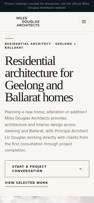 A residential architecture studio website design on a mobile screen
