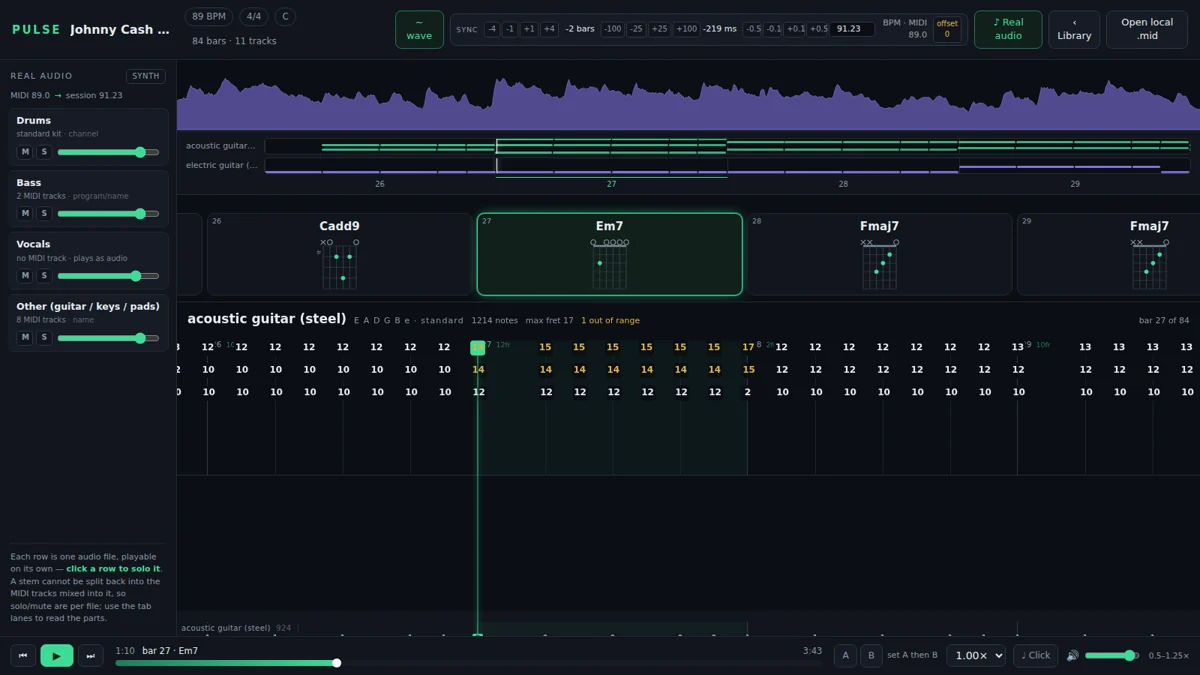 An interactive music practice studio website design, desktop view